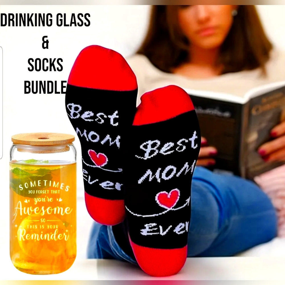 Best Mom Ever Black and Pink Socks & Glass Tumbler Set